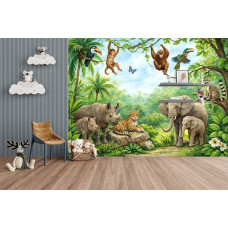 Fototapete mit Dschungel Tieren im Kinderzimmer mit Elefanten, Affen und einem Leoparden zwischen tropischen Pflanzen.