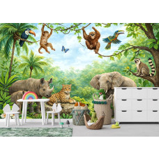 Fototapete mit Dschungel Tieren im Spielzimmer mit farbenfrohen Tieren und exotischen Pflanzen in einer fröhlichen Dschungelkulisse.