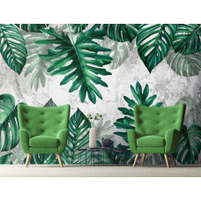 Eine botanische Fototapete mit Blättern auf Beton im Dschungelzimmer-Stil, gesehen im Wohnzimmer.