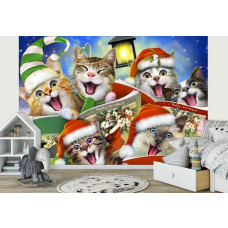 Eine Fototapete mit Katzen in einer fröhlichen Weihnachtsumgebung, geeignet für eine gemütliche Atmosphäre.