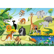 Kinderdschungel mit afrikanischen Tieren auf einer Fototapete für Kinderzimmer und Babyzimmer.
