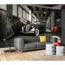 Eine Fototapete mit einem Oldtimer in einer alten Garage für das Kinderzimmer.