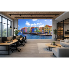 Fototapete mit den bunten Häusern von Curaçao in einem modernen Büro.