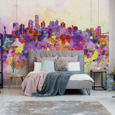 Fototapete einer farbenfrohen Stadt mit abstrakter Kunst in Farbe, geeignet für das Schlafzimmer.