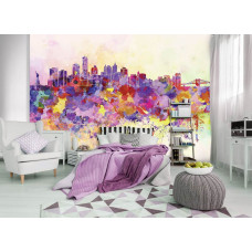 Fototapete einer farbenfrohen Stadt mit Farbe und abstraktem Kunstwerk, ideal als Vliestapete für das Schlafzimmer.