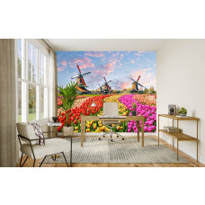 Fototapete mit einer niederländischen Landschaft und Tulpenfeldern in einem stilvollen Büro.