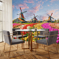 Fototapete mit blühenden Tulpenfeldern und Windmühlen in einer Küche.