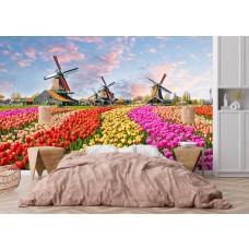 Fototapete mit bunten Tulpenfeldern und Windmühlen in einem gemütlichen Schlafzimmer.
