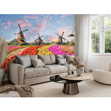 Fototapete mit einer typisch niederländischen Landschaft voller blühender Tulpen im Wohnzimmer.