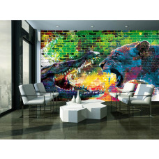 Eine Graffiti-Zeichnung mit einem Krokodil und Löwin im Kunststil für das Wohnzimmer.