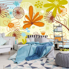 Fototapete mit Blumenmuster in abstraktem Stil, ideal für ein Schlafzimmer.