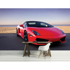 Eine Fototapete mit einem roten Lamborghini am Meer und Strand für das Schlafzimmer.