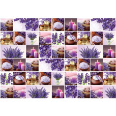 Fototapete einer Lavendel-Collage, mit lila Spa-Blumen, Kerzen und einer Sauna.
