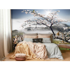 Eine Fototapete mit einer Frühlingslandschaft mit Bergen und Bäumen, zu sehen im Schlafzimmer.