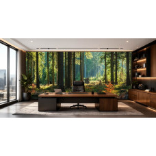 Fototapete mit einem stimmungsvollen Wald und Sonnenlicht in einem stilvollen Büro.