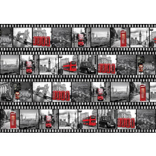 Fototapete mit einem Filmstreifen von London, mit Big Ben, Tower Bridge und roten Doppeldeckerbussen.