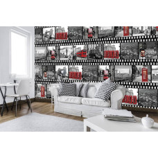 Fototapete mit den Wahrzeichen Londons Big Ben und Tower Bridge im Filmstreifen-Stil für das Wohnzimmer.