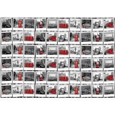 Fototapete mit einer Londoner Fotocollage, mit Fotos von Big Ben, Tower Bridge und roten Doppeldeckerbussen.