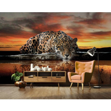 Eine Fototapete mit einem Leopard und Panther in Jagdposition sowie einem Gepard und Jaguar für das Wohnzimmer mit Raubtieren.