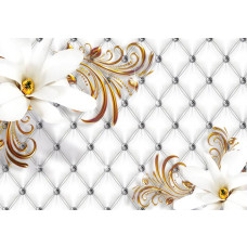 Eine Fototapete mit goldenen und silbernen Blumen, ideal für einen modernen und luxuriösen Raum.