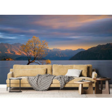 Fototapete magischer Sonnenuntergang am Bergsee im Wohnzimmer.
