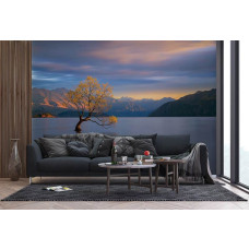 Fototapete magischer Sonnenuntergang am Bergsee im Wohnzimmer.