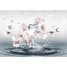 Magnolienblüten, abstrakt wiedergegeben auf einer Fototapete mit kunstvollen Wasserspritzern.