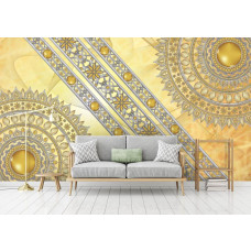 Eine Fototapete mit einem halben goldenen Mandala im indischen Design, die eine heitere Atmosphäre in ein Wohnzimmer bringt.