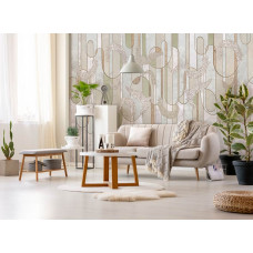Eine Fototapete mit Marmor und Federn in einem abstrakten Industriedesign, ideal für ein Wohnzimmer.