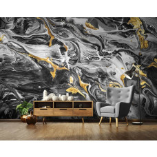 Eine Fototapete aus Marmor mit goldenen Akzenten im abstrakten Kunststil auf dem Display im Wohnzimmer.