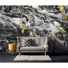 Eine Fototapete aus Marmor mit goldenen Akzenten im abstrakten Kunststil auf dem Display im Wohnzimmer.