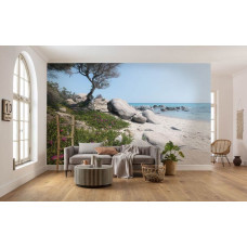 Eine Fototapete von einem Mittelmeerstrand, mit Sonnenschein und klarem Wasser, ideal für das Wohnzimmer.