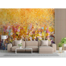 Fototapete mit einer bunten abstrakten Darstellung einer Weide mit Blumen in orangen Farben.