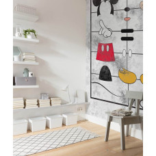 eine Fototapete von Mickey Mouse mit lustigen Disney-Elementen, geeignet für ein Kinderzimmer.