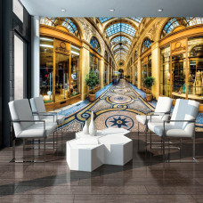 Eine Fototapete der Stadt Mailand mit goldenen Akzenten und Einkaufsstraßen, ideal für eine Lounge.