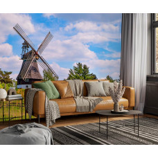 Fototapete Mühle im Frühling im modernen Wohnzimmer mit hellen Farben.