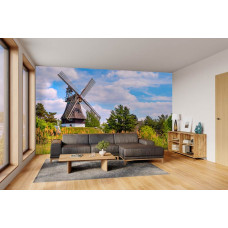 Fototapete Mühle im Frühling im Wohnzimmer mit beruhigender Landschaft.