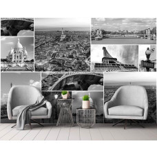 Eine Fototapete mit Pariser Monumenten in einer Collage für das Wohnzimmer.