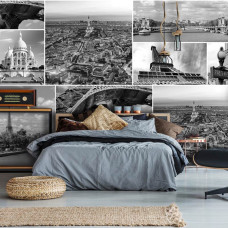 Eine Fototapete mit dem Eiffelturm und anderen Pariser Monumenten für das Schlafzimmer.