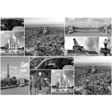 Fototapete mit einer Monumenten-Collage aus Paris, mit dem Eiffelturm im Vliestapetenstil.