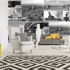 Eine Fototapete mit einer Collage von Pariser Monumenten, wie dem Eiffelturm, perfekt für das Wohnzimmer.