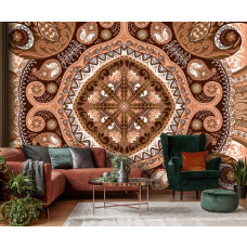 Eine Fototapete mit einem orangefarbenen Mzaļek-Muster in einem abstrakten Design für das Wohnzimmer.