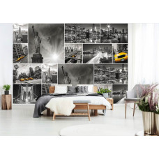 Eine Fototapete mit einer New Yorker Collage mit der Freiheitsstatue und einem gelben Taxi, ideal für das Schlafzimmer.