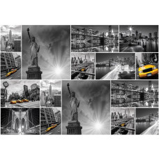 Fototapete mit einer New Yorker Collage, mit der Freiheitsstatue und einem gelben Taxi.