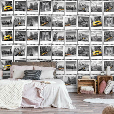 Eine Fototapete von New York mit einer Fotocollage der Freiheitsstatue und einem Taxi, geeignet für das Wohnzimmer.