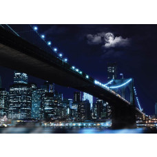 Fototapete der beleuchteten Brooklyn Bridge in New York, die die Skyline der Stadt bei Nacht zeigt.