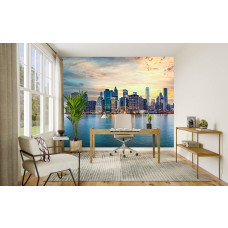 Fototapete New York Skyline bei Sonnenuntergang im Büro mit moderner Stadt und Wasserreflexion