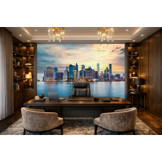 Fototapete New York Skyline bei Sonnenuntergang im Büro mit urbanem Stil und hohen Gebäuden.