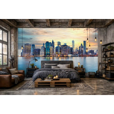 Fototapete New York Skyline bei Sonnenuntergang im Schlafzimmer mit ruhiger Atmosphäre und Stadtblick.