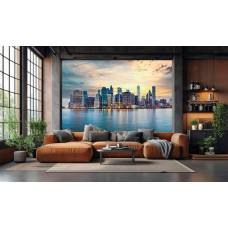 Fototapete New York Skyline bei Sonnenuntergang im Wohnzimmer mit hohen Gebäuden und warmem Abendlicht.
